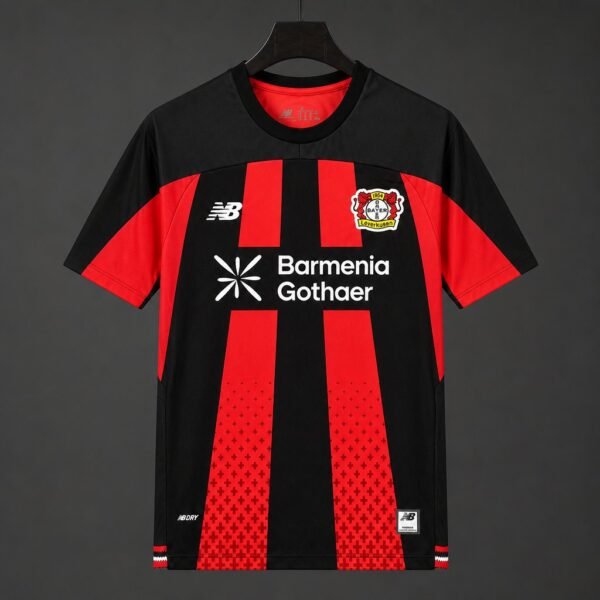 Bayer 04 Leverkusen Heimtrikot 26/27 Schwarz‑Rot vertikale Streifen